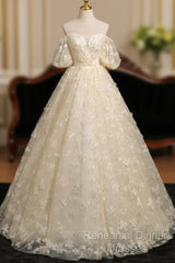 A-Line Puff Sleeves Tulle Lace Champagne Long Semi Formal Prom Dress, Champagne Formal Dress