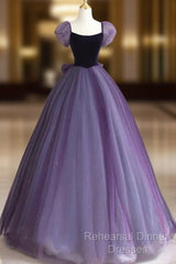 A-Line Puff Sleeves Tulle Velvet Purple Long Semi Formal Prom Dress, Purple Long Formal Dress