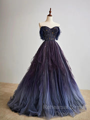 A-Line Purple Gradient Tulle Long Semi Formal Prom Dress