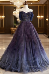 A-Line Purple Gradient Tulle Long Semi Formal Prom Dress