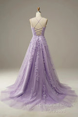 A-Line Purple Spaghetti Straps Long Semi Formal Prom Dress With Appliques