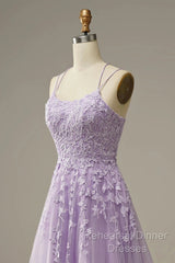 A-Line Purple Spaghetti Straps Long Semi Formal Prom Dress With Appliques