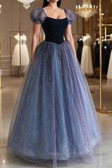 A-Line Purple Tulle Long Semi Formal Prom Dresses, Purple Sweet 16 Dresses