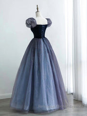 A-Line Purple Tulle Long Semi Formal Prom Dresses, Purple Sweet 16 Dresses