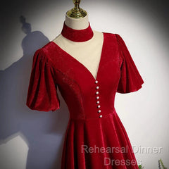 A-Line Red High Neckline Velvet Long Party Dress Short Sleeves Velvet Semi Formal Prom Dress