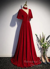 A-Line Red High Neckline Velvet Long Party Dress Short Sleeves Velvet Semi Formal Prom Dress