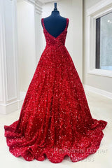 A-Line Red Sequin Quince Dresses Square Neck Backless Long Semi Formal Prom Dresses