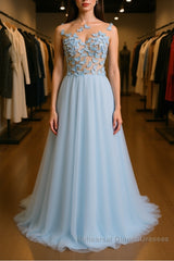 A Line Round Neck Baby Blue Lace Long Semi Formal Prom Dresses with Butterfly, Baby Blue Lace Formal Graduation Evening Dresses