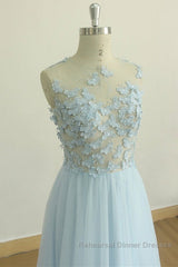 A Line Round Neck Baby Blue Lace Long Semi Formal Prom Dresses with Butterfly, Baby Blue Lace Formal Graduation Evening Dresses