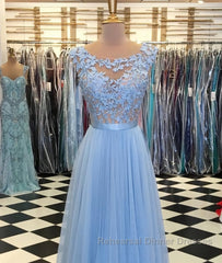 A Line Round Neck Blue Lace Appliques Tulle Long Semi Formal Prom Dresses, Blue Lace Graduation Dresses, Blue Evening Formal Dresses