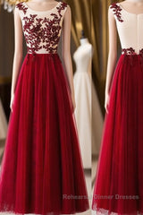 A Line Round Neck Burgundy Lace Tulle Long Semi Formal Prom Dresses, Burgundy Lace Evening Dresses, Burgundy Lace Graduation Dresses