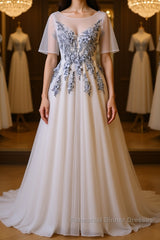 A Line Round Neck Half Sleeves Gray Lace Semi Formal Prom Dresses, Gray Floral Long Formal Evening Dresses