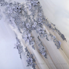 A Line Round Neck Half Sleeves Gray Lace Semi Formal Prom Dresses, Gray Floral Long Formal Evening Dresses
