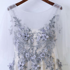 A Line Round Neck Half Sleeves Gray Lace Semi Formal Prom Dresses, Gray Floral Long Formal Evening Dresses