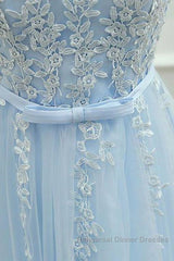 A Line Round Neck Lace Blue Short Semi Formal Prom Dresses, Short Blue Lace Formal Graduation Homecoming Dresses