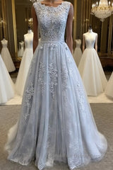 A Line Round Neck Lace Grey Semi Formal Prom Dresses, Lace Grey Formal Dresses