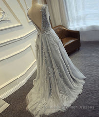 A Line Round Neck Lace Grey Semi Formal Prom Dresses, Lace Grey Formal Dresses