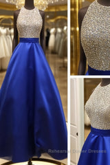A Line Round Neck Sequins Backless Royal Blue Semi Formal Prom Dresses, Royal Blue Formal Dresses, Backless Royal Blue Evening Dresses