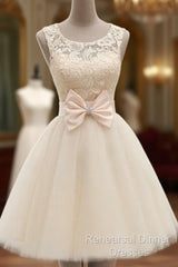 A Line Round Neck Short Ivory Lace Semi Formal Prom Dress, Short Champagne Lace Bridesmaid Dress, Lace Homecoming Dress, Lace Graduation Dress