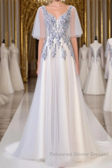 A Line Round Neck Short Sleeves Lace Semi Formal Prom Dresses With Appliques, Lace Formal Dresses