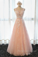 A Line Round Neck Sleeveless Lace Grey/Pink/Champagne Semi Formal Prom Dresses, Lace Formal Dresses, Evening Dresses