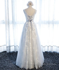 A Line Round Neck Sleeveless Lace Semi Formal Prom Dresses, Lace Formal Dresses