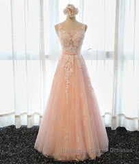 A Line Round Neck Sleeveless Lace Semi Formal Prom Dresses, Lace Formal Dresses