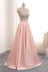 A Line Round Neck Two Pieces Beaded Pink Semi Formal Prom Dresses, Two Pieces Pink Formal Dresses, Pink Evening Dresses