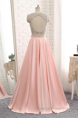 A Line Round Neck Two Pieces Beaded Pink Semi Formal Prom Dresses, Two Pieces Pink Formal Dresses, Pink Evening Dresses