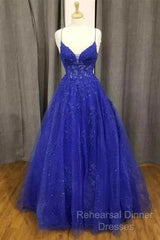 A-Line Royal Blue Formal Gown Long V-Neck Lace Semi Formal Prom Dress Applique