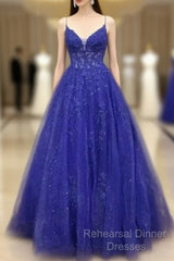 A-Line Royal Blue Formal Gown Long V-Neck Lace Semi Formal Prom Dress Applique