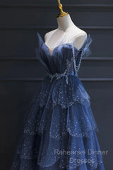 A Line Royal Blue Tulle Beaded Long Senior Semi Formal Prom Dress