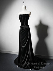A-Line Satin Black Long Semi Formal Prom Dress, Black Long Formal Dress