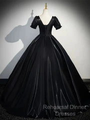 A-Line Satin Black Long Semi Formal Prom Dress Quinceanera Dress Short Sleeves Evening Dress