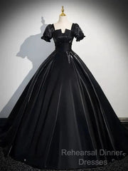A-Line Satin Black Long Semi Formal Prom Dress Quinceanera Dress Short Sleeves Evening Dress