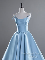 A-Line Satin Blue Long Semi Formal Prom Dress, Blue Long Evening Dress