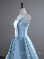 A-Line Satin Blue Long Semi Formal Prom Dress, Blue Long Evening Dress