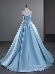 A-Line Satin Blue Long Semi Formal Prom Dress, Blue Long Evening Dress