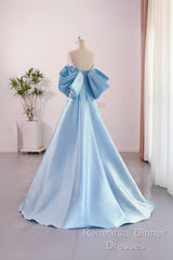 A-Line Satin Blue Long Semi Formal Prom Dress With Bow