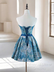 A-Line Satin Blue Short Semi Formal Prom Dress, Blue Homecoming Dress