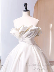 A-Line Satin Ivory Long Semi Formal Prom Dress, Ivory Long Evening Dress