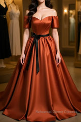 A-Line Satin Orange Long Semi Formal Prom Dresses, Orange Formal Evening Dresses