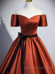 A-Line Satin Orange Long Semi Formal Prom Dresses, Orange Formal Evening Dresses