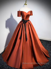 A-Line Satin Orange Long Semi Formal Prom Dresses, Orange Formal Evening Dresses