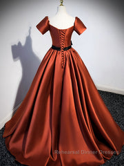 A-Line Satin Orange Long Semi Formal Prom Dresses, Orange Formal Evening Dresses