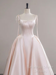 A-Line Satin Pink Champagne Long Semi Formal Prom Dress, Pink Champagne Long Formal Dress