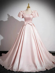 A-Line Satin Pink Quinceanera Dress Long Semi Formal Prom Dress With Bows Short Sleeves