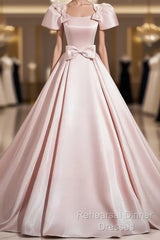 A-Line Satin Pink Quinceanera Dress Long Semi Formal Prom Dress With Bows Short Sleeves