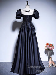A-Line Satin Puff Sleeves Black Long Semi Formal Prom Dress, Black Long Evening Dress