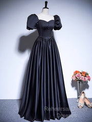 A-Line Satin Puff Sleeves Black Long Semi Formal Prom Dress, Black Long Evening Dress